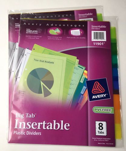 2 Avery 11901 Insertable Tab Dividers, Plastic, 8-Tab, Multi Color Lot of Two