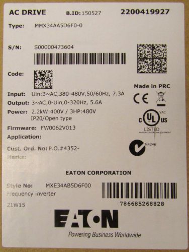 EATON CUTLER HAMMER MMX34AA5D6F0 0 5.6 Amp 3 HP 480V M MAX MMX Frequency Drive