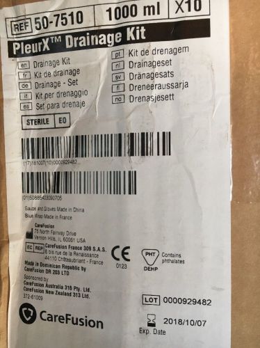 Pleurx drainage kit 1000ml (case of 10) by carefusion ref# 50-7510 exp 10/07/18 for sale