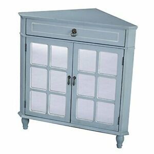 Modern 2 Door Corner Cabinet with Drawer with 6 Pane Mirror Blue/White Trim