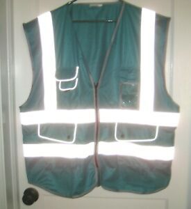 Size 4XL Teal Green &amp; Gray Safety Vest Reflective High Visibility W/Snap Pockets
