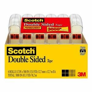 Scotch Double Sided Tape 1/2 in x 500 in 6 Dispensered Rolls 6137H-2PC-MP
