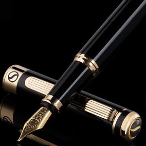 Scriveiner Luxury Fountain Pen - Stunning Black Lacquer Pen, 24K Gold Finish, &amp;
