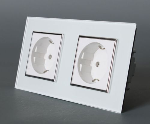 Eu type ac110~250v 16a wall power 2way socket white/black crystal glass panel for sale