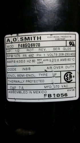 A.O. Smith 1/2 HP Electic Motor  F48SQ6V70 1075RPM 48Z FRAME 208-230/460VOLTS