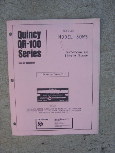 1975 Quincy QR-100 Series Model 50WS Water Cooled Air Compressor Parts List R