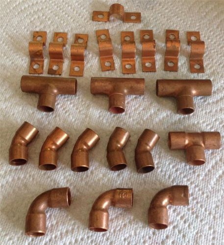Lot 1/4&#034; COPPER PRESSURE FITTINGS ~ 4 TEES ~ 3 ELBOWS ~ 5 ELBOWS ~ 9 TUBE STRAPS