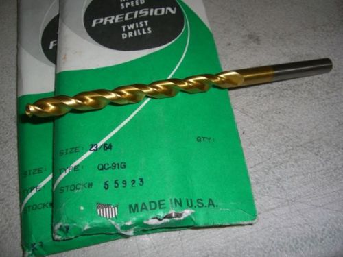 Precision twist drills 23/64&#034; hss qc-91g taper length tin coated 055923 usa for sale