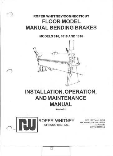 Pexto Roper Whitney 816, 1018 &amp; 1016 Owners Manual