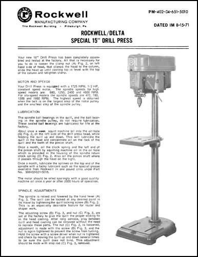 Rockwell Delta Special 15 Inch Drill Press Manual