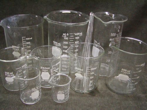 Lot 9 each beaker set w/glass stir rods, lab pyrex for sale