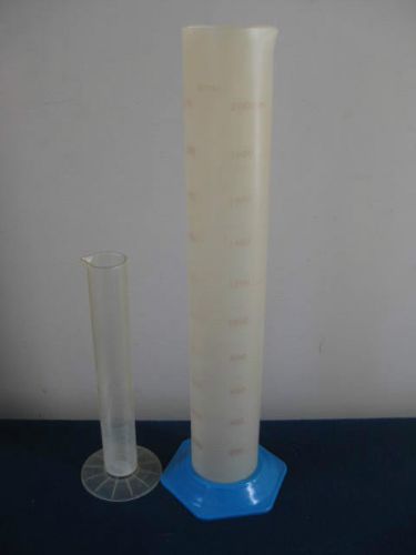 A set of two Graduated Plastic Cylinders: Kimble 2000 ml, other brand 250 ml