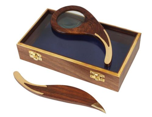 Wooden &amp; Brass Letter Envelope Opener &amp; Magnifier Magnifying Glass XMAS Gift