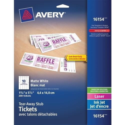 Avery tickets with tear-away stubs -1.75&#034;wx5.5&#034;l - 200/pack - white for sale