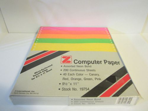 Continuous Feed Computer Paper 9 1/2 x 11, Assorted Neon Bond, 200 sheets,