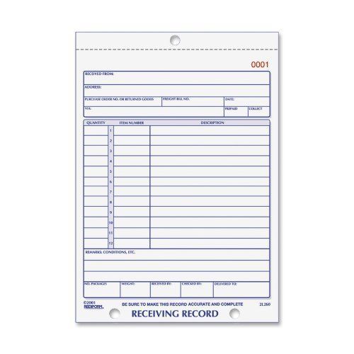 Rediform receiving record slip book - 50 sheet[s] - stapled - 3 part - (2l260) for sale