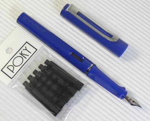 JINHAO 599B Fountain pen BLUE plastic barrel +5 POKY cartridges BLACK ink