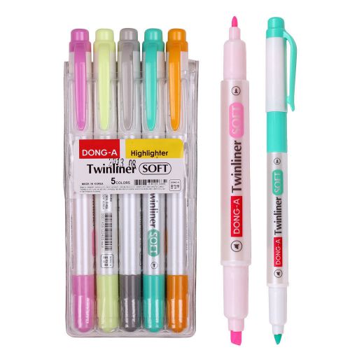 DONG-A Highlighter Soft Pen Twin liner vivid Color Smooth writing - 5 Colors Set