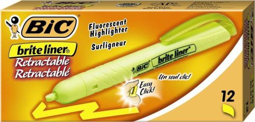 NEW BIC Brite Liner Retractable Highlighter, Chisel Tip, Yellow, 12 Highlighters