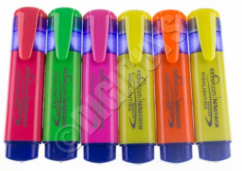 Highlighter Pens 6 Pack Assorted Fluorescent Colours Premium