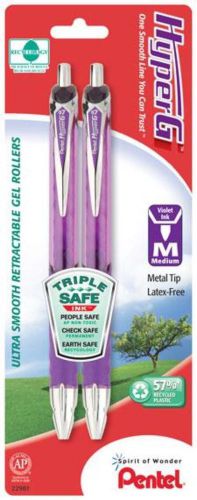 HyperG Retractable Gel Roller Pen Medium Line Permanent Violet Ink 2 Pack Carded