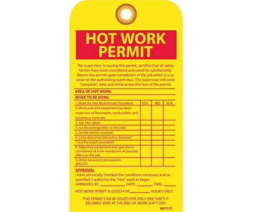 Nmc rpt171g hot work safety tag - permit tags 7.5&#034; x 4&#034; vinyl w/ grommet (10pk) for sale