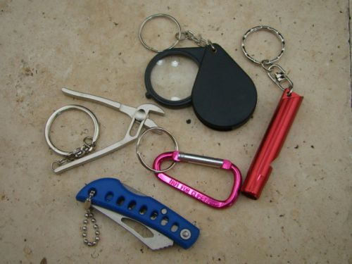 Gold miners special!! lot of 5 key chains-loupe-wrench-carabineer-knife-whistle for sale