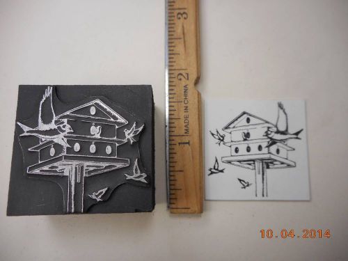 Letterpress Printing Printers Block, Purple Martin Birds w Birdhouse on Pole