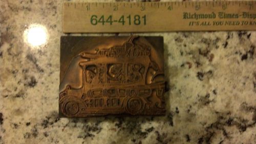 Vintage 3 1/2&#034; wood block stamp  cooper Ink Print of antique car loaded moving