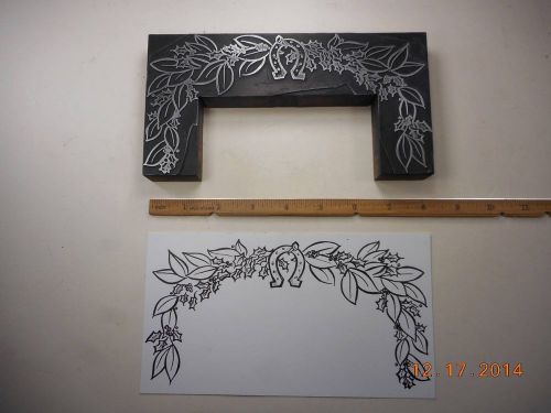 Letterpress Printing Printers Block, Lg, Header, Lucky Horseshoe w Holly, Leaves