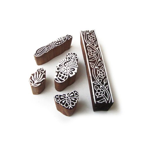 Hand Crafted Floral &amp; Butterfly Designs Wooden Printing Blocks (Set of 5)