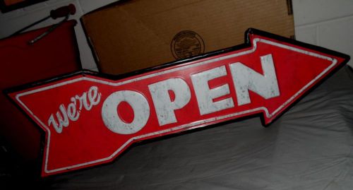 Embossed &amp; Distressed Metal We&#039;re Open Arrow Bar Theater Cave Shop Garage Sign