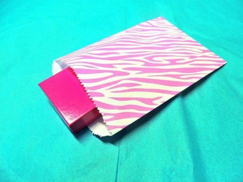 100 5x7 White Pink Zebra Party Paper Bags, Animal Striped Colored Gift Kraft Bag