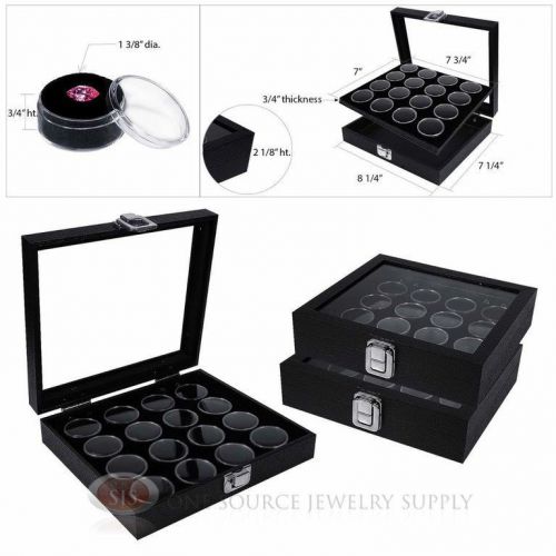 (3) Black 16 Gem Jar Inserts w/ Glass Top Display Cases Gemstone Storage Jewelry