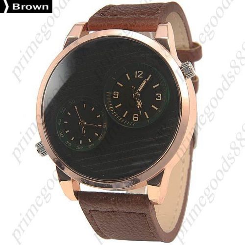 2 Time Zones Zone Round Quartz Analog PU Leather Wrist Men&#039;s Wristwatch Brown