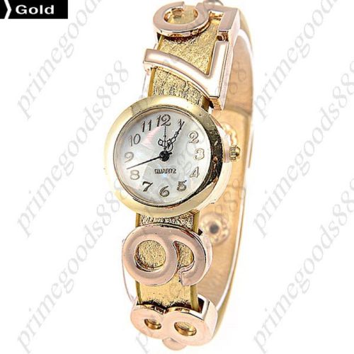 Number Numeral Round PU Leather Lady Ladies Quartz Wristwatch Women&#039;s Gold