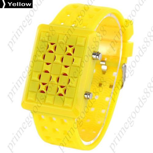 Unisex Red Light LED Digital Wrist Date Grid Hollow Rubber Band in Yellow