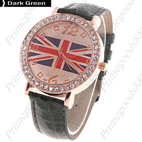 Union jack flag pu leather analog wrist quartz wristwatch women&#039;s dark green for sale