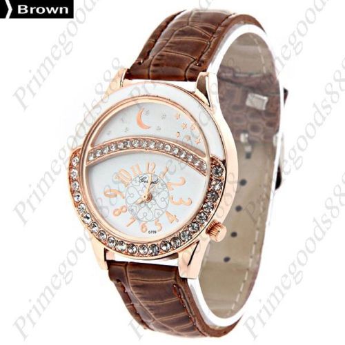 Star round rhinestones pu leather lady ladies quartz wristwatch women&#039;s brown for sale