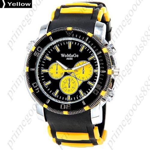 Rubber Band Analog Quartz Free Shipping False Sub Dials Men&#039;s Wristwatch Yellow