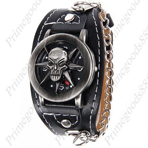 Ghost Skull Wristwatch Chain MC Biker PU Leather Flip Quartz Analog Wrist Men&#039;s