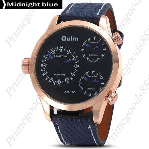 3 Time Zone Luxury Sport Leather Quartz Wrist Wristwatch Men&#039;s Midnight Blue