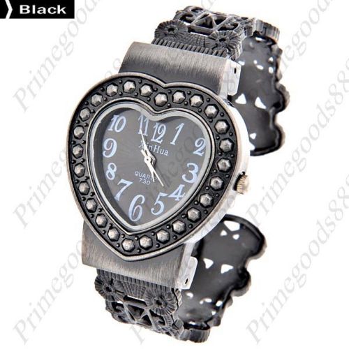Heart Shape Silver Bracelet Bangle Lady Ladies Quartz Wristwatch Women&#039;s Black