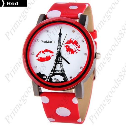 Kiss Eiffel Tower Wrist Round Quartz PU Leather Wristwatch Women&#039;s Paris Red