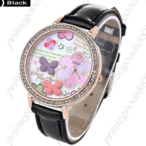 Pu leather round butterfly quartz wrist wristwatch free shipping women&#039;s black for sale