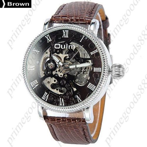 Round PU Leather Strap See Through Auto Mechanical Wrist Men&#039;s Wristwatch Brown