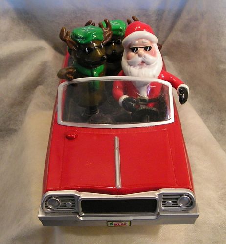 SANTA CLAUS MUSICAL CAR - RED CONVERTIBLE - SANTA DRIVING 2 RAINDEERS BACK HOME