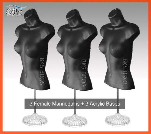 3 BLACK Female Mannequin Torso w/ACRYLIC Stand + Hanging Hook Dress Form Woman