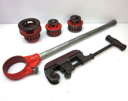 3 ridgid pipe threading dies w/ 12-r hand ratchet &amp; pipe cutter squarebuilt 12r for sale