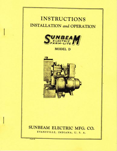 Sunbeam Electric Farm-Lite Model D Light Plant Instruction Manual Generator
